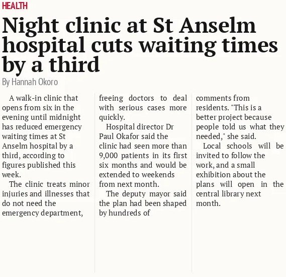 Night clinic at St Anselm hospital cuts waiting times by a third
