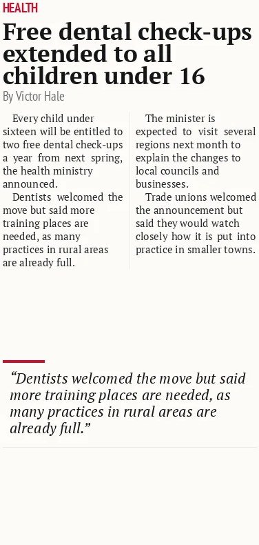 Free dental check-ups extended to all children under 16
