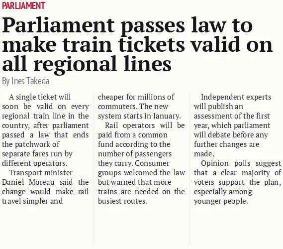 Parliament passes law to make train tickets valid on all regional lines