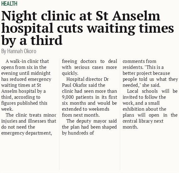 Night clinic at St Anselm hospital cuts waiting times by a third