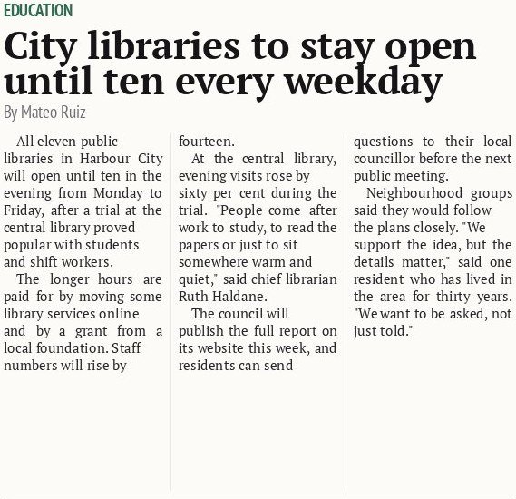 City libraries to stay open until ten every weekday