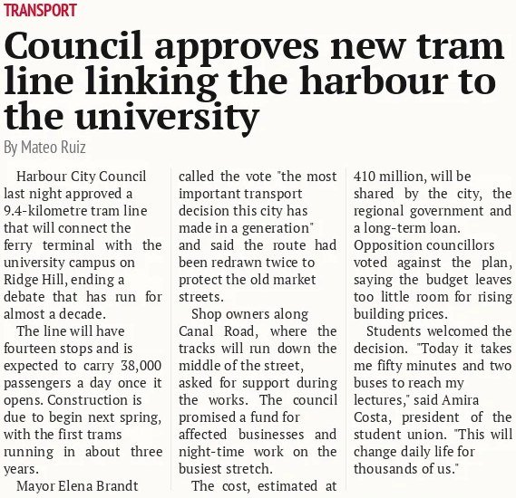 Council approves new tram line linking the harbour to the university