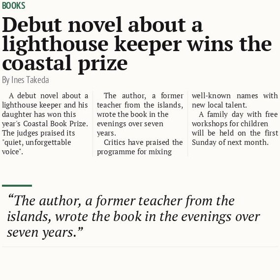 Debut novel about a lighthouse keeper wins the coastal prize