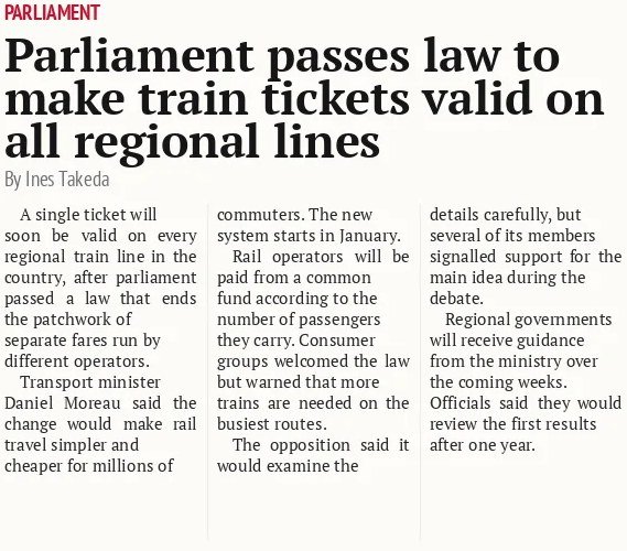 Parliament passes law to make train tickets valid on all regional lines