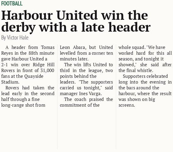 Harbour United win the derby with a late header