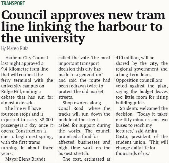 Council approves new tram line linking the harbour to the university