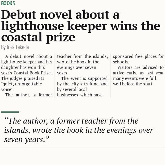 Debut novel about a lighthouse keeper wins the coastal prize