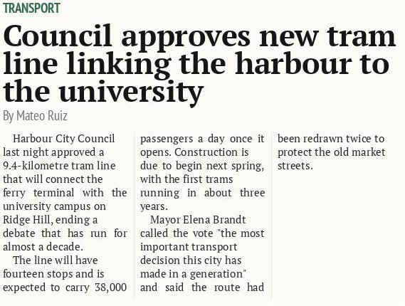 Council approves new tram line linking the harbour to the university