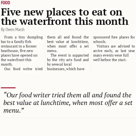 Five new places to eat on the waterfront this month
